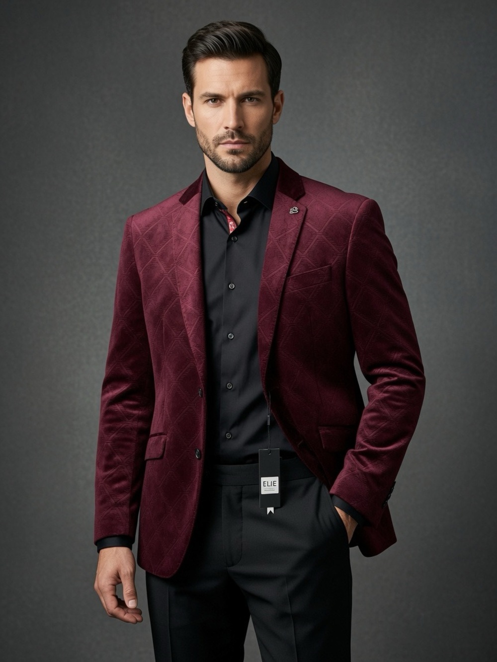 Burgundy Velvet Quilted Blazer for Men